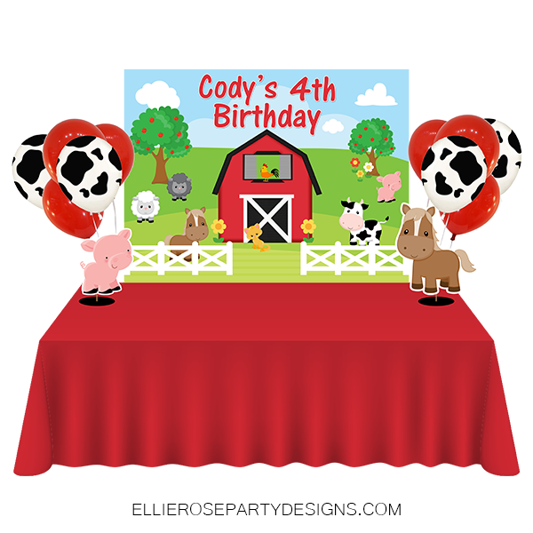 RED FARM BARNYARD ANIMAL DESSERT TABLE BACKDROP WOO